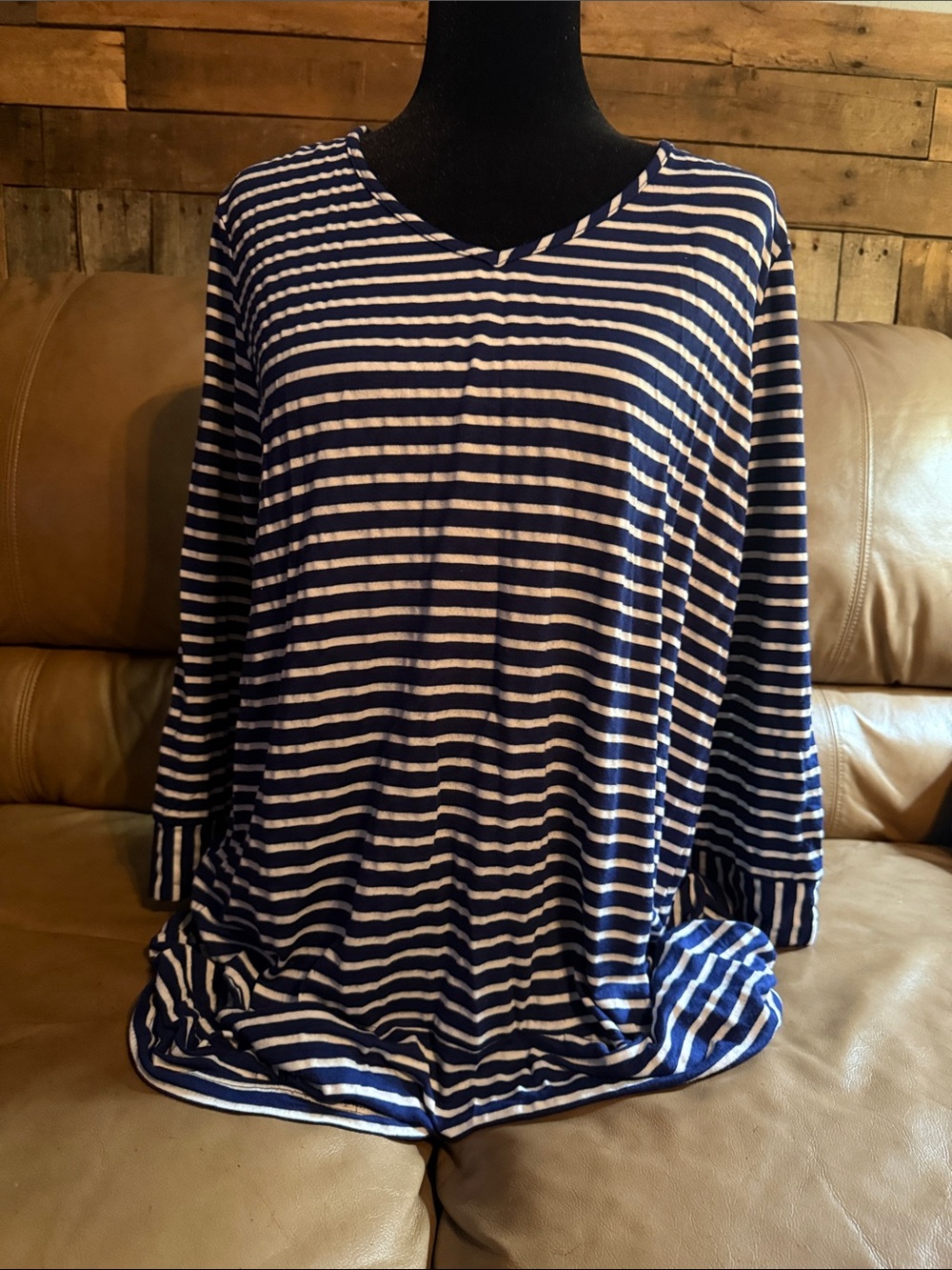 Nomadic Traders Navy and White Striped V-Neck Long Sleeve Top